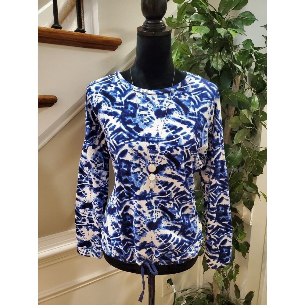 Vera Bradley Womens Blue White Cotton Round Neck Long Sleeve Casual Top Blouse S